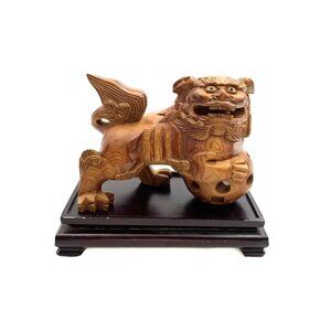 Foo Dog Wooden Carved Statue on Wooden Base Large Old Vintage Chinese Decor
